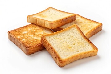 Square pieces of toasted bread made from white wheat flour on white background