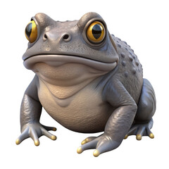 A cartoonish, grey frog with large, yellow eyes sits on a transparent background, its textured skin and plump body rendered in a 3d style