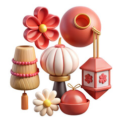 A delightful collection of 3d rendered festive decorations, including lanterns, flowers, and ornamental objects, arranged artistically on a transparent background