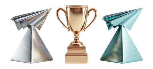 Trophy and Paper Airplanes Representing Achievement and Success