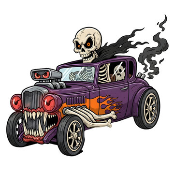 Spooky skeleton driver revs powerful purple hot rod with fierce flames and monstrous grille, emitting dark smoke, perfect for Halloween and edgy automotive themes.