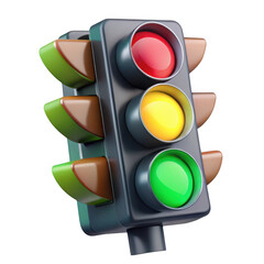 A realistic 3d rendering of a traffic light with red, yellow, and green lights illuminated, isolated on a transparent background