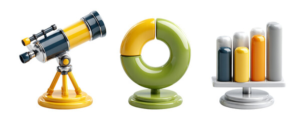 Colorful 3D icons of telescope, chart, and pie chart for design