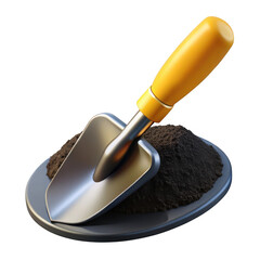 A shiny metal trowel with a bright yellow handle rests on a pile of dark soil, isolated on a clean transparent background