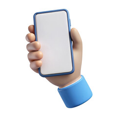 A cartoon hand holding a smartphone with a blank white screen, isolated on a transparent background