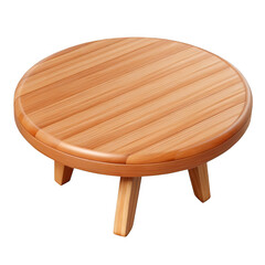 A simple, round, wooden coffee table with four short legs, isolated on a transparent background