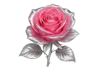 Pink rose displaying silver metallic foliage, blossoming against transparent backdrop, symbolizing romantic elegance and celebratory moments