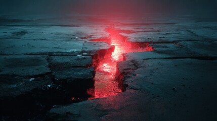 Obraz premium Cracked Ground Emitting Red Light in a Dark Atmosphere, Evoking Mystery and Intrigue in an Artistic Landscape