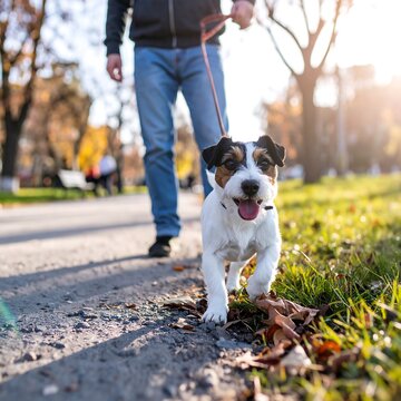 A joyful jack russell terrier runs alongside a person walking, enjoying an autumn day in a park.
