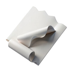 A white roll of paper is unrolling and curving on a flat surface, creating elegant waves and folds isolated on transparent background