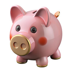 A cute, shiny pink piggy bank with a gold nose and coin slot, isolated on a transparent background