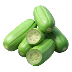 A pile of fresh green cucumbers, with two cut in half to reveal their seedy interior, isolated on a transparent background