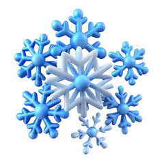 A cluster of stylized blue and white snowflakes arranged in a circular pattern, isolated on a plain transparent background