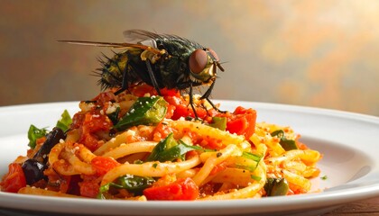 A fly rests atop a plate of pasta with tomato sauce, olives, and vegetables