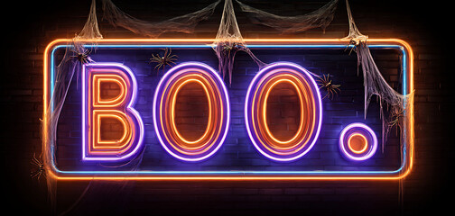 Obraz premium Vibrant neon boo sign illuminates darkness perfect for halloween and spooky themes