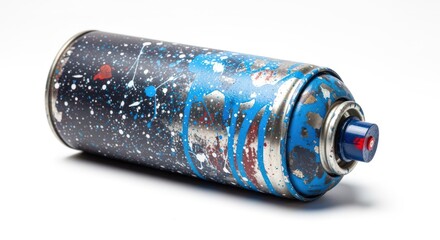 Distressed spray paint can with artistic paint splatters