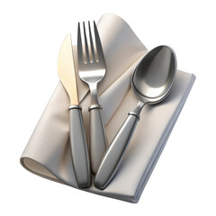 A set of elegant silverware, including a knife, fork, and spoon, artfully arranged on a folded lightcolored napkin, suggesting a formal dining setting isolated on transparent background
