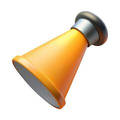A bright orange megaphone with a silver band and black top, isolated on a transparent background, symbolizing communication and announcement