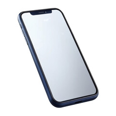 A sleek, dark blue smartphone with a reflective screen is angled against a clean transparent background, showcasing its modern design and minimalist aesthetic
