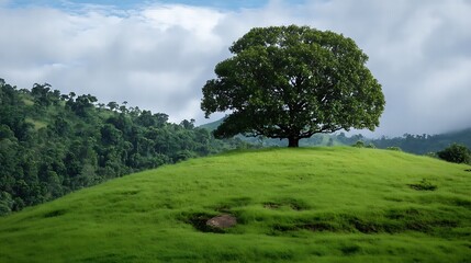 Fototapeta premium A Large Tree Stands Alone atop a Green Hillside