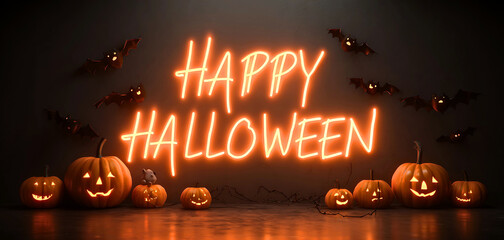 Glowing neon happy halloween sign surrounded by carved pumpkins and festive lights