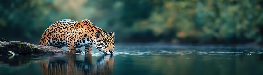 Obraz premium Majestic walking through a calm river in lush green jungle setting du daytime, highlighting wildlife, nature, and big cat predator in natural habitat