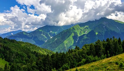 Naklejka premium Lush mountain valley under a cloudy sky