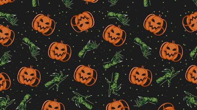 4K seamless Halloween pattern animation with scary jack-o&rsquo;-lantern pumpkins, creepy zombie hands, and floating green dots on a dark background, ideal for spooky festive projects and designs.