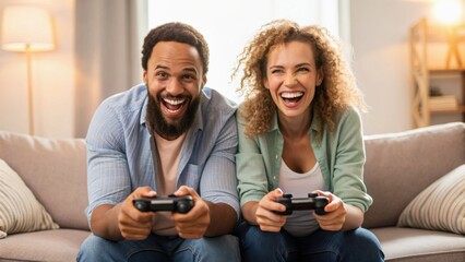 Joyful couple playing video games together at home, sharing laughter and excitement on a cozy couch.