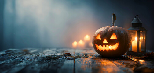 Spooky halloween jack o lantern glowing with light alongside a lantern with blurred mystical background