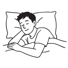 Vector graphic depicting a man asleep, rendered in black and white, accented with clear black outlines, suitable for health, rest, or lifestyle visuals.