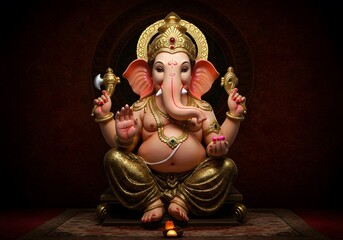 Fototapeta premium Colorful Ganesha Idol Sitting with Gold Accessories in Traditional Hindu Art Style
