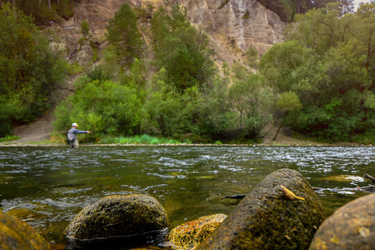 Fisherman casts his line into a pristine river, surrounded by a lush green forest and rocky terrain - Powered by Adobe