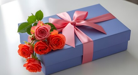 Elegant blue Gift Box with Pink Satin Ribbon and Coral Roses