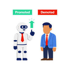 Flat vector of AI robot being promoted while human employee is demoted, depicting rise of artificial intelligence and shifting job roles in modern industries.