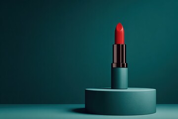 Elegant Red Lipstick on Circular Base Against Teal Background for Cosmetic Branding and Marketing Material