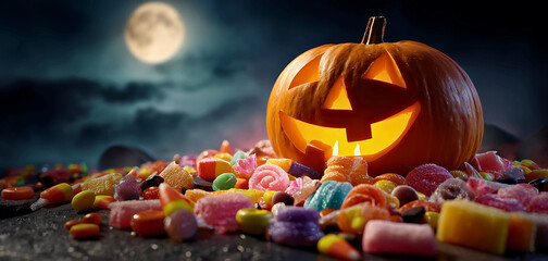Spooky halloween jack o lantern with glowing face surrounded by candy under a full moon