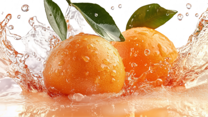 Two fresh oranges with water splash featuring leaves and refreshing juice against transparent background