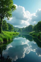 Fototapeta premium Serene weather pond reflecting a cloudy sky, lush green plants surrounding the still water Ideal for nature, tranquility, and environmental themes , water, sunlight