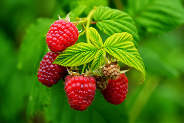 Close-up of Ripe Red Raspberries on a Branch with Green Leaves fruit raspberry