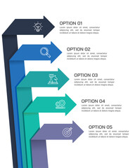 Obraz na płótnie Canvas Dynamic 5-Step Arrow Infographic for Business Strategy and Planning Presentation with Icons.