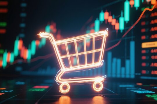 Digital shopping cart with financial charts in the background, symbolizing e-commerce and market trends.
