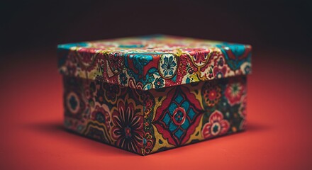 Ornate gift box on red surface
