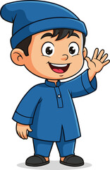 Cartoon Muslim boy smiling, wearing traditional blue outfit and cap, waving hand, standing, happy expression, isolated on white background