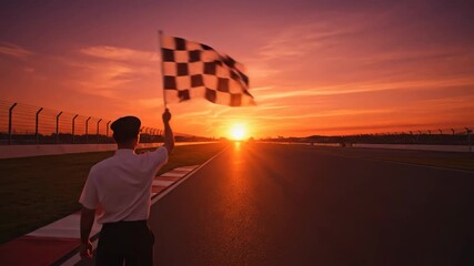 Sunset Race Finish - A person holds a checkered flag aloft at sunset on a racetrack, silhouetted against the vibrant orange sky. The sun sets in the distance down the track's long straightaway. - Powered by Adobe