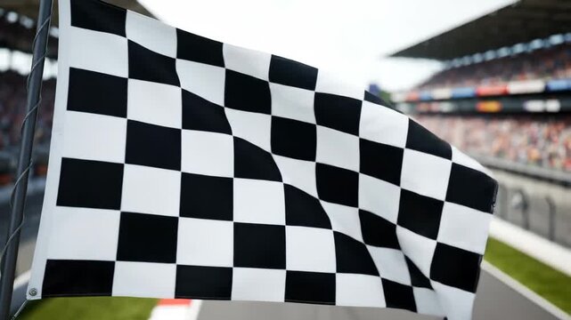 Checkered Flag at the Finish Line - A black and white checkered flag waves in the wind at a motor racing circuit. The stands are blurred in the background, suggesting a large crowd.