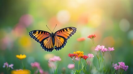 Fototapeta premium Vibrant monarch butterfly in flight hove above colorful garden flowers with blurred green foliage background on a sunny day