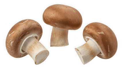 Three brown cremini mushrooms with visible gills and stems isolated on a transparent background champignon