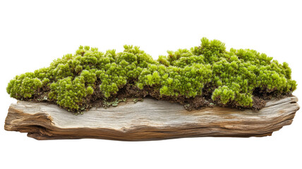 Vibrant green moss growing on a weathered piece of wood with transparent background