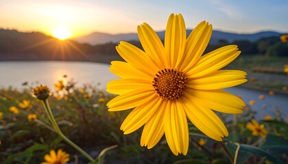Close-up of a vibrant yellow flower at sunset over a lake